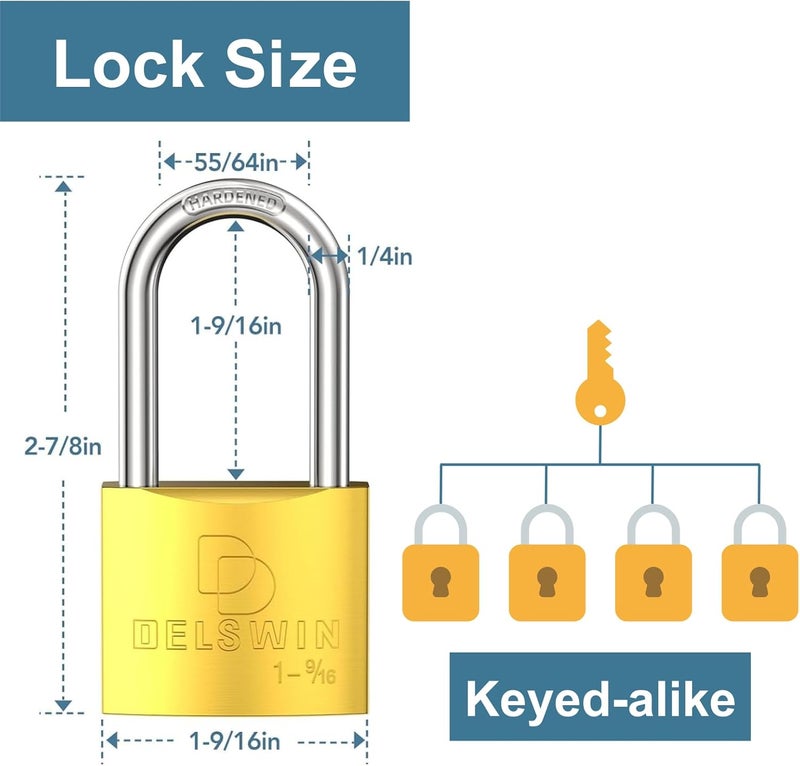 DELSWIN Weatherproof Padlock with Key (Keyed Alike) - Heavy Duty Solid Brass Locker Lock with 1-9/16" Long Shackle, Marine Grade Pad Lock for Outdoor Gate, Fence, Shed (4 Pack) - Image 3